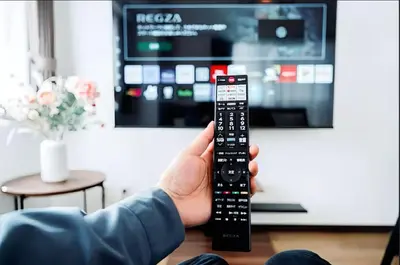 a person holding a remote control in front of a tv at Nine Lane Omori in Tokyo