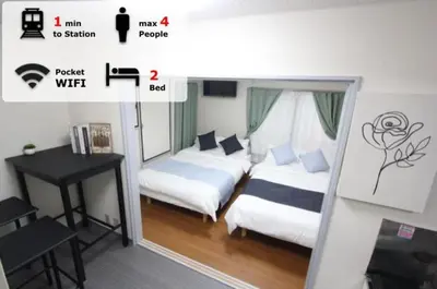 a room with two beds and a desk with a desk at HOTEL LUANA in IKEBUKURO HIGASHINAGASAKI in Tokyo