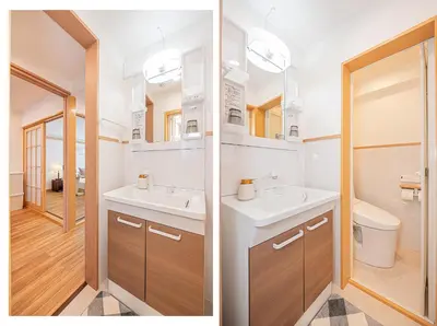 two pictures of a bathroom with a sink and a mirror at Mi-HOTEL SHINOTSUKA in Tokyo