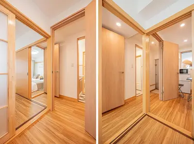 two views of a living room and dining room with sliding glass doors at Mi-HOTEL SHINOTSUKA in Tokyo