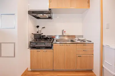 a small kitchen with a stove and a sink at Mi-HOTEL SHINOTSUKA in Tokyo