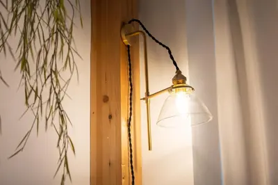 a lamp hanging on a wall next to a plant at Perfect Tokyo Location-Gueat for Sightseeing,SIeeps up to8! in Tokyo