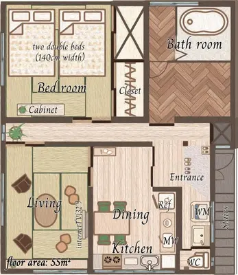 a floor plan of a small house with furniture at \u30a2\u30f3\u30c9\u30b9\u30c6\u30a4\u5341\u6761\u4ef2\u539f1\u4e01\u76ee in Tokyo