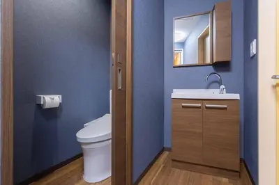 a bathroom with a toilet and a sink and a mirror at \u30a2\u30f3\u30c9\u30b9\u30c6\u30a4\u5f25\u751f\u753a4\u4e01\u76ee201 in Tokyo