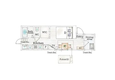 a floor plan of a house at 12 minutes by train to Skytree, 4 min to station on foot, 1F, 20square meter in Tokyo