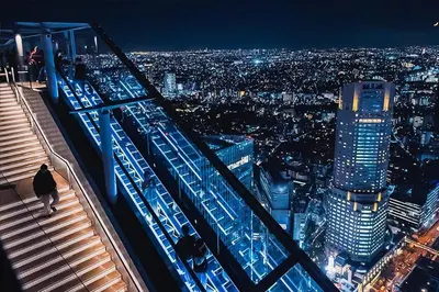 a woman walking down an escalator on top of a building at \u30aa\u30fc\u30d6\u30ea\u30aa\u30f3\u6075\u6bd4\u5bff203 in Tokyo