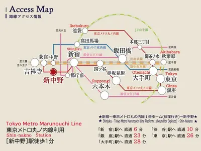 a map of the mosky mortar network line at Shinjuku 5 min, Shin-Nakano Station 1 min walk, Room 201 in Tokyo