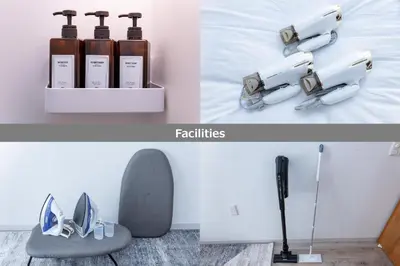 a collage of pictures with bottles and a bed at Shinjuku Nakai House in Tokyo