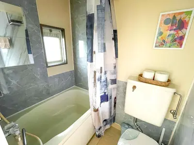 a bathroom with a green tub and a toilet at AAt Hotel \u30a2\u30fc\u30d0\u30f3\u30cf\u30a4\u30c4\u5c0f\u83c5201 in Tokyo