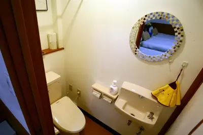 a bathroom with a toilet and a sink and a mirror at \u99d2\u8fbc\u661f\u306e\u5bb6 Komagome in Tokyo