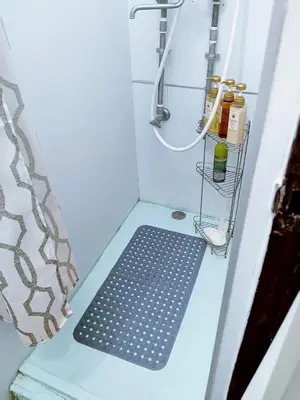 a shower with a shower curtain and a shower mat at \u99d2\u8fbc\u661f\u306e\u5bb6 Komagome in Tokyo
