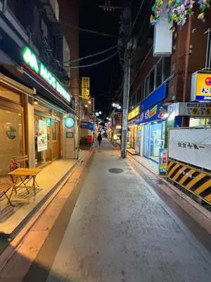an empty city street at night with buildings at Elle Maison\u5927\u68ee 102 in Tokyo