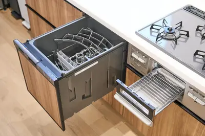 an overhead view of a kitchen with an open dishwasher at Birthday House Skytree in Tokyo