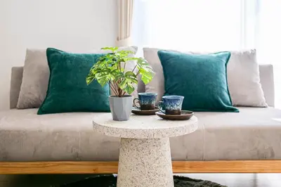 a coffee table with two plants on a couch at Mr Kintaro Hotel Kinshicho in Tokyo