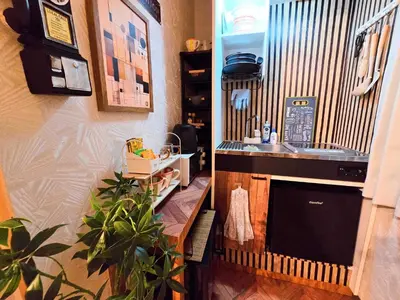 a kitchen with a sink and a counter with a plant at UENO 504 jellynehouse in Tokyo