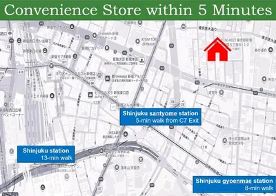 a map of the convergence store within minutes at GARDEN HOUSE Shinjuku-Sanchome in Tokyo