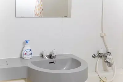a white bathroom with a sink and a mirror at GARDEN HOUSE Shinjuku-Sanchome in Tokyo