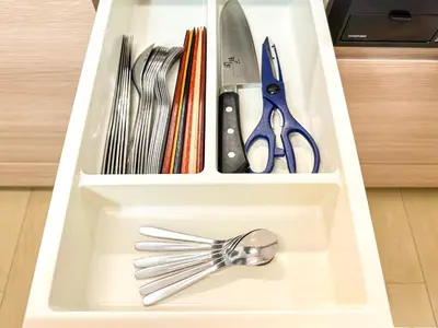 a drawer filled with utensils and a whisk at Shinjuku Cozy Loft, 2BR, 3DoubleBeds&Living in Tokyo