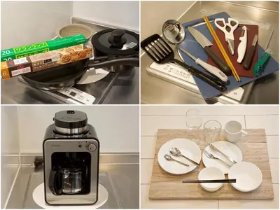 a collage of pictures with a coffee maker and utensils at \u30aa\u30fc\u30d6\u30ea\u30aa\u30f3\u6075\u6bd4\u5bff201 in Tokyo
