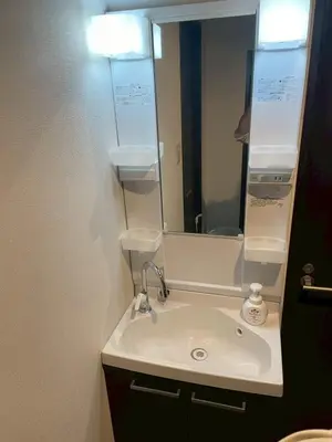 a bathroom with a sink and a mirror at Asakusa Retreat Designer curated stylish room 1 in Tokyo