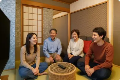 a group of people sitting on a couch at WA NO YADO-Asakusa Designer curated stylish room 2 in Tokyo