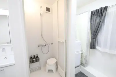 a white bathroom with a shower and a toilet at Shinbashi Oliver in Tokyo