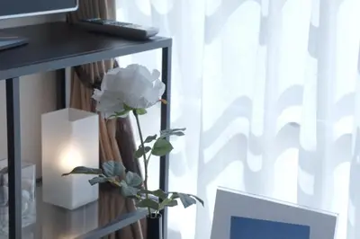 a white rose in a vase next to a window at #3 Tokyo Shinjuku Shibuya room in Tokyo