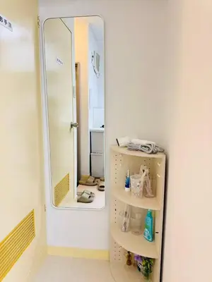 a bathroom with a large mirror and a shelf withmetics at Shinagawa City \u834f\u539f201-SN0480 in Tokyo