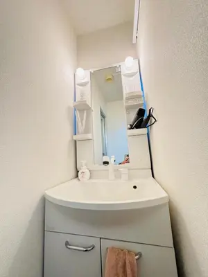 a bathroom with a white sink and a mirror at Shinagawa City \u834f\u539f301-SN0481 in Tokyo