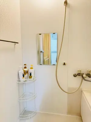 a bathroom with a shower and a mirror at Shinagawa City \u834f\u539f301-SN0481 in Tokyo