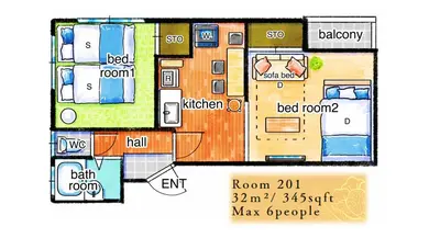a floor plan of a house at \u6d45\u8349\u307e\u306d\u304d\u5eb5 25\u5e74\u30d5\u30eb\u30ea\u30ce\u30d9 \u5b8c\u5168\u8cb8\u5207 \u6d45\u8349\u99c5\u5f92\u6b6915\u5206 2\u30d9\u30c3\u30c9\u30eb\u30fc\u30e0 6\u4eba 38\u5e73\u7c73 \u4e2d\u9577\u671f\u6ede\u5728\u5927\u6b53\u8fce in Tokyo