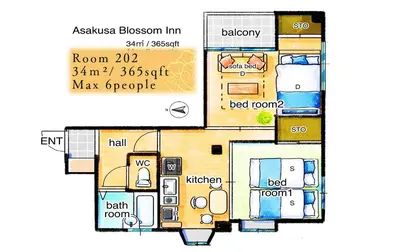 a floor plan of a small house at \u6d45\u8349\u307e\u306d\u304d\u5eb5 25\u5e74\u30d5\u30eb\u30ea\u30ce\u30d9 \u5b8c\u5168\u8cb8\u5207 \u6d45\u8349\u99c5\u5f92\u6b6915\u5206 2\u30d9\u30c3\u30c9\u30eb\u30fc\u30e0 6\u4eba 38\u5e73\u7c73 \u4e2d\u9577\u671f\u6ede\u5728\u5927\u6b53\u8fce in Tokyo