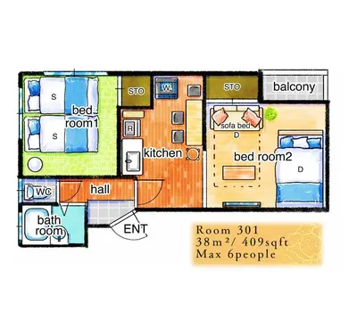 a floor plan of a small house with at \u6d45\u8349\u307e\u306d\u304d\u5eb5 25\u5e74\u30d5\u30eb\u30ea\u30ce\u30d9 \u5b8c\u5168\u8cb8\u5207 \u6d45\u8349\u99c5\u5f92\u6b6915\u5206 2\u30d9\u30c3\u30c9\u30eb\u30fc\u30e0 6\u4eba 38\u5e73\u7c73 \u4e2d\u9577\u671f\u6ede\u5728\u5927\u6b53\u8fce in Tokyo