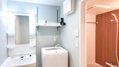 a small bathroom with a sink and a washing machine at 9Stay\u4e0a\u91ce\u5165\u8c37 in Tokyo