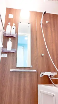 a bathroom with a mirror and a sink at 9Stay\u4e0a\u91ce\u5165\u8c37 in Tokyo