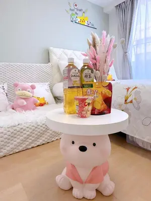 a table with a plate of food and drinks on it at Cute Anime-Style Room Near Kinshicho Station in Tokyo