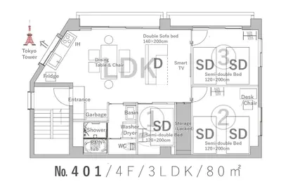 a floor plan of a house at SATELLITE HOTEL Higashiazabu \u30b5\u30c6\u30e9\u30a4\u30c8\u30db\u30c6\u30eb\u6771\u9ebb\u5e03 in Tokyo