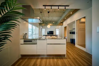a kitchen with white cabinets and a potted plant at SATELLITE HOTEL Higashiazabu \u30b5\u30c6\u30e9\u30a4\u30c8\u30db\u30c6\u30eb\u6771\u9ebb\u5e03 in Tokyo
