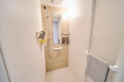 a bathroom with a shower and a mirror at Serendipity Asakusa in Tokyo