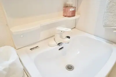 a bathroom with a white sink with a faucet at Serendipity Asakusa in Tokyo
