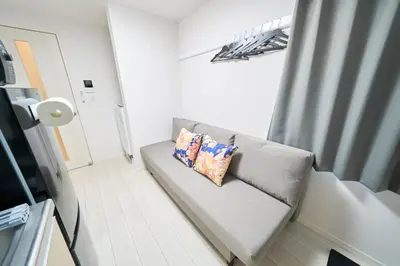 a living room with a couch with two pillows on it at Serendipity Asakusa in Tokyo