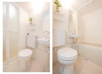 two pictures of a bathroom with a toilet and a sink at Ginza Stay Tsukishima Station 1-minute walk, Ginza, Shinjuku, Tsukiji Market tram direct, supermarket, next to the canal, Tokyo Bay stroll in Tokyo