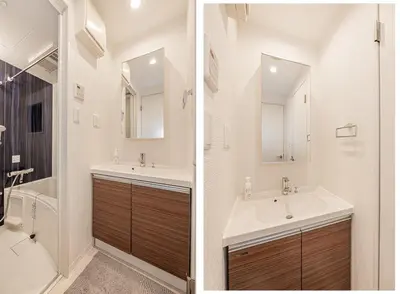 two pictures of a bathroom with a sink and a toilet at Skytree Stay Home, a 4-minute walk from Oshiage Station, a private house with an elevator in Tokyo