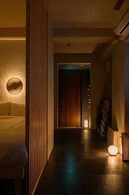 a hotel room with a bed and a hallway at Zen Premium Suite Newly Renovated Luxury Home 2King Beds Near Shinjuku in Tokyo