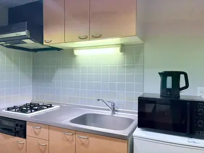 a kitchen with a sink and a microwave at GARDEN HOUSE Shinjuku-Sanchome 2 in Tokyo