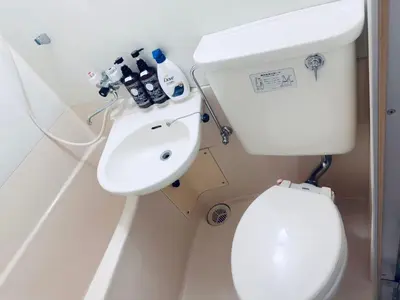 a bathroom with a white toilet and a sink at \u6e0b\u8c37\u5bbf in Tokyo