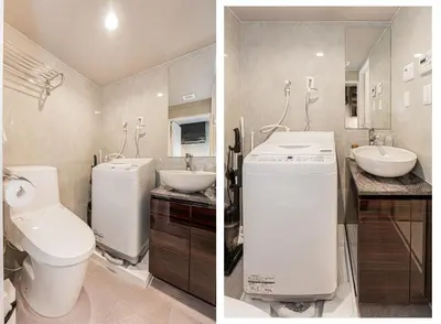 two pictures of a bathroom with a toilet and a sink at Mi-HOTEL Kitashinjuku in Tokyo
