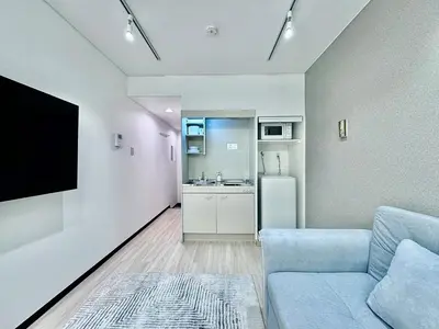 a living room with a couch and a kitchen at Kabukicho Designer's Apt VIII in Tokyo
