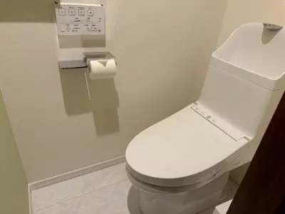a white toilet in a bathroom with a roll of toilet paper at Central Tokyo Skytree Heven in Tokyo