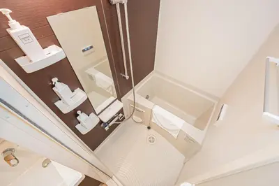 a small bathroom with a shower and a toilet at Louis stage asakusa in Tokyo